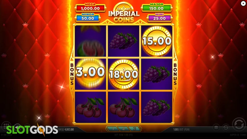 A screenshot of Imperial Coins slot feature gameplay