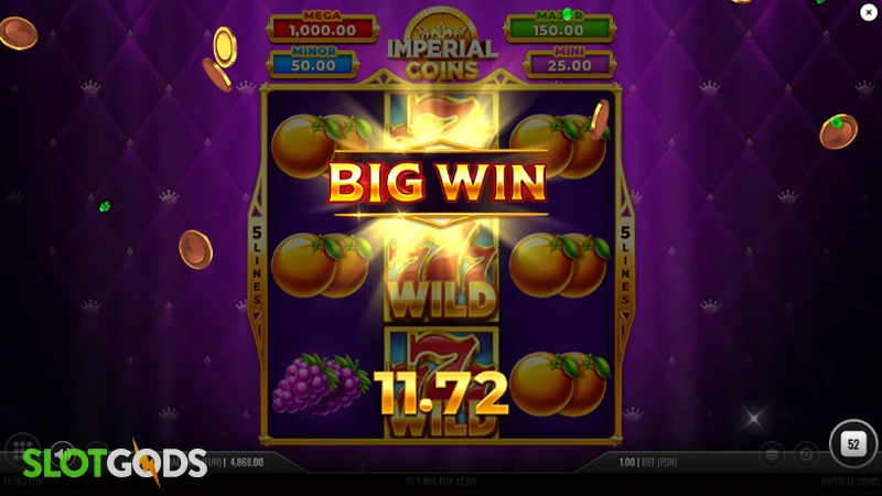 A screenshot of a big win in Imperial Coins slot feature