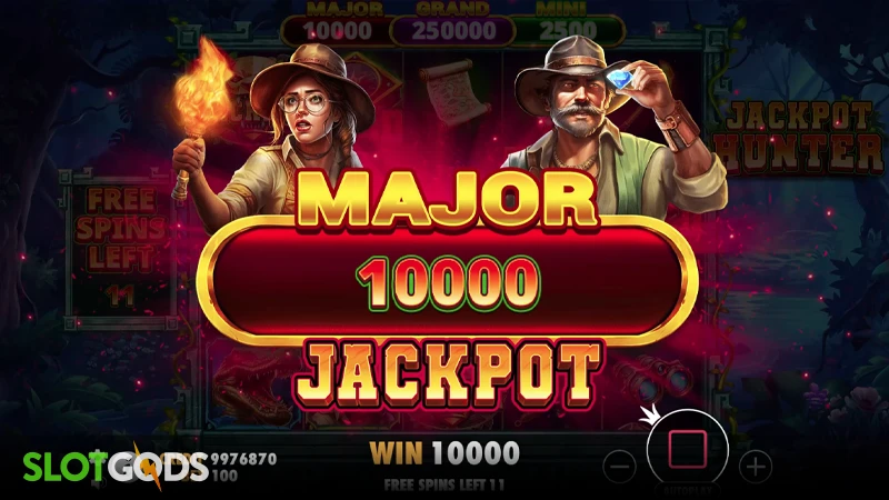 A screenshot of a mega jackpot win in Jackpot Hunter slot