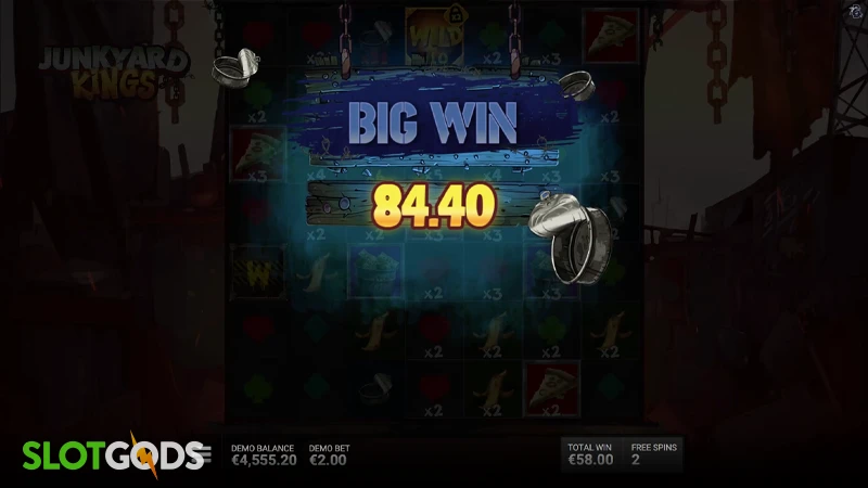 A screenshot of a big win in Junkyard Kings slot