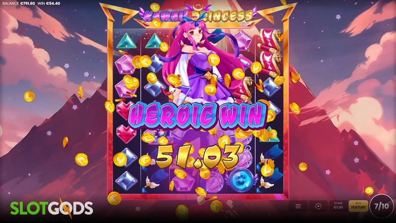 A screenshot of an heroic win in Kawaii Princess slot