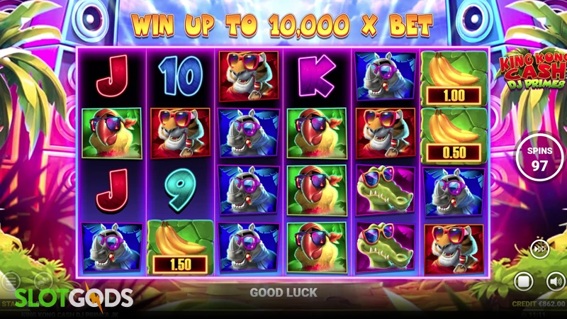 A screenshot of King Kong Cash DJ Prime8 slot gameplay