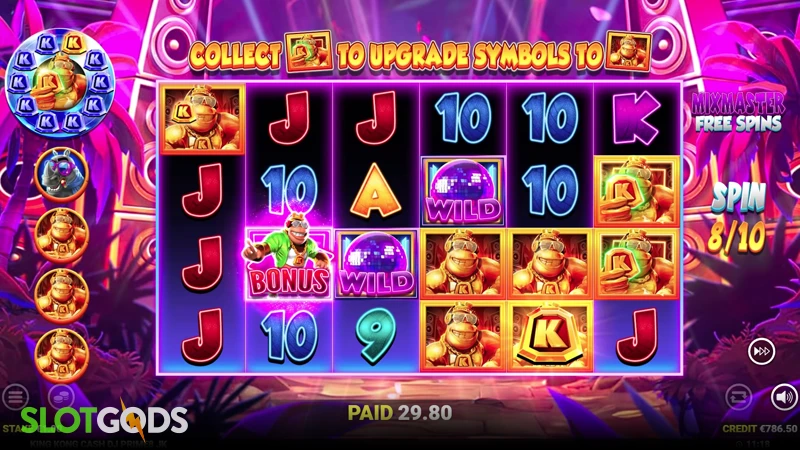 A screenshot of King Kong Cash DJ Prime8 slot bonus round gameplay