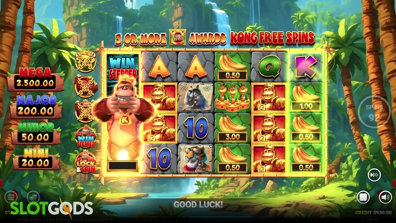 A screenshot of King Kong Even Bigger Bananas 2 slot gameplay