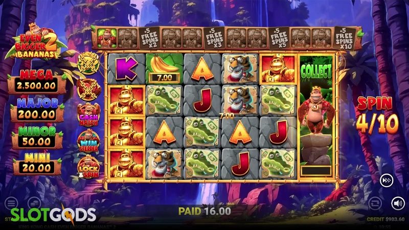 A screenshot of King Kong Even Bigger Bananas 2 slot feature gameplay