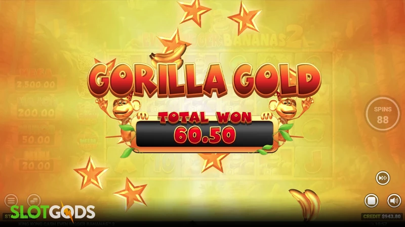 A screenshot of a big win in King Kong Even Bigger Bananas 2 slot