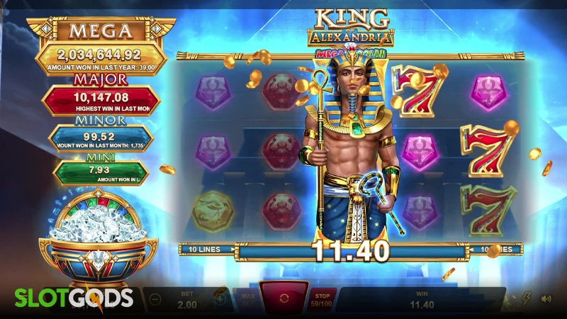 A screenshot of King of Alexandria Mega Moolah slot gameplay