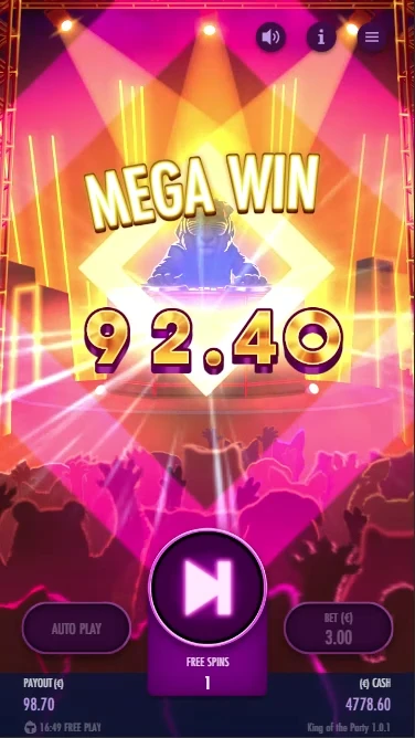 Screenshot of a King of the party slot big win