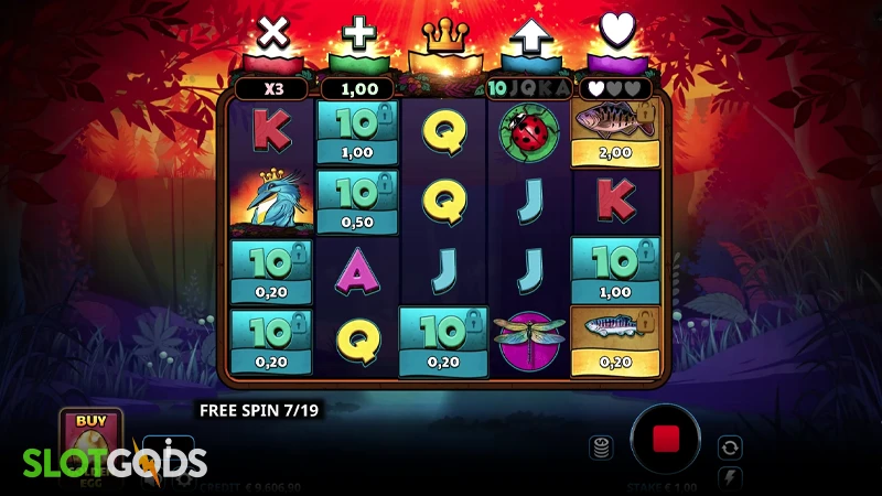 A screenshot of Kingfisher Rising slot feature gameplay