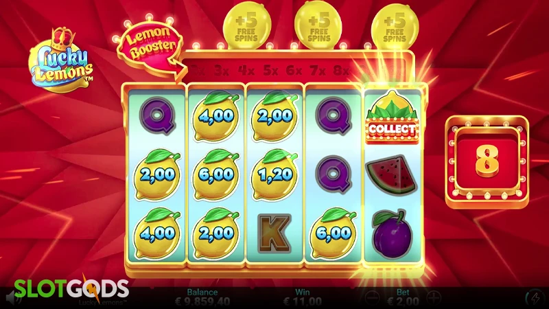 A screenshot of Lucky Lemons slot feature gameplay