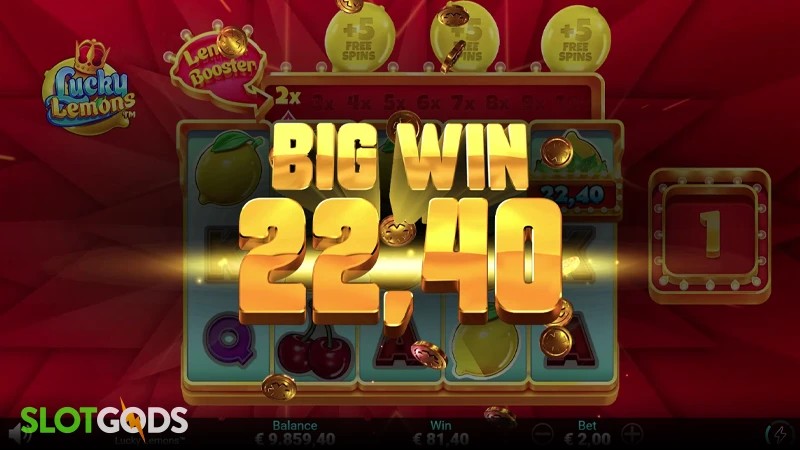 A screenshot of a big win in Lucky Lemons slot