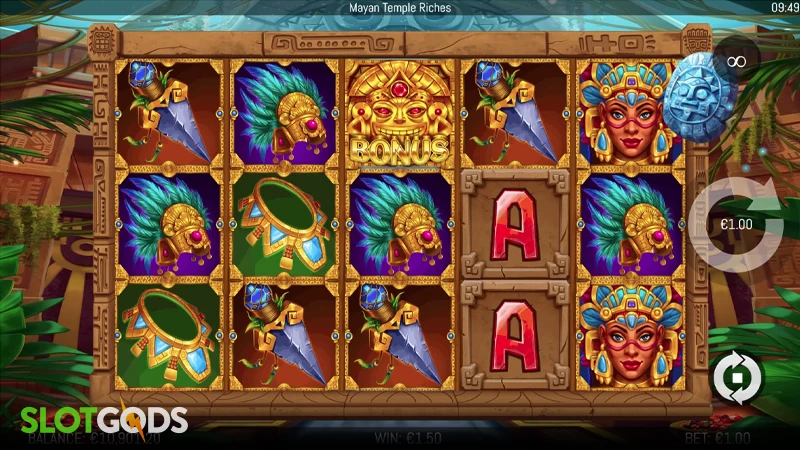 A screenshot of Mayan Temple Riches slot gameplay