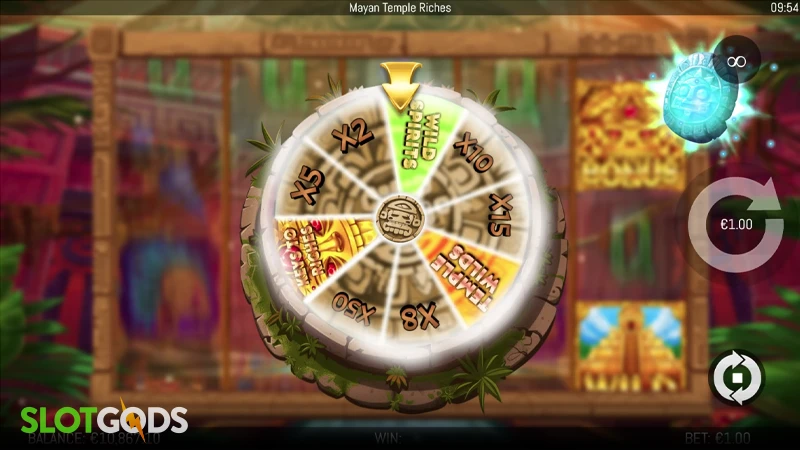 A screenshot of Mayan Temple Riches slot wheel gameplay