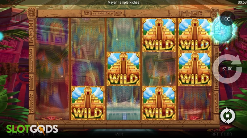 A screenshot of Mayan Temple Riches slot feature wilds gameplay