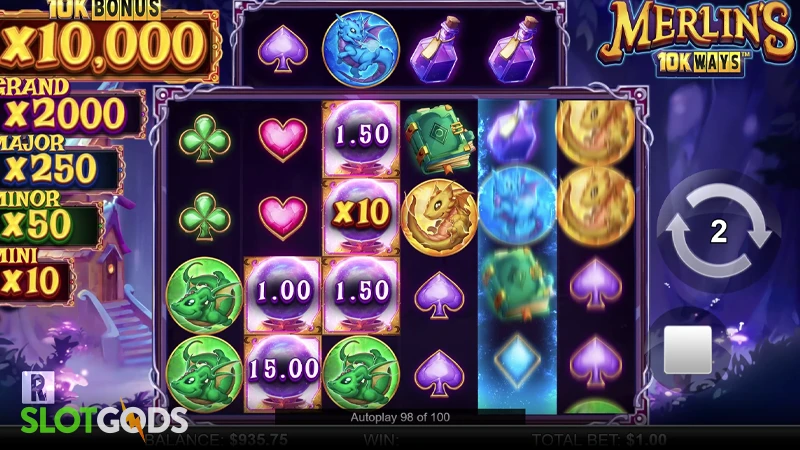 A screenshot of Merlins 10kWays slot gameplay