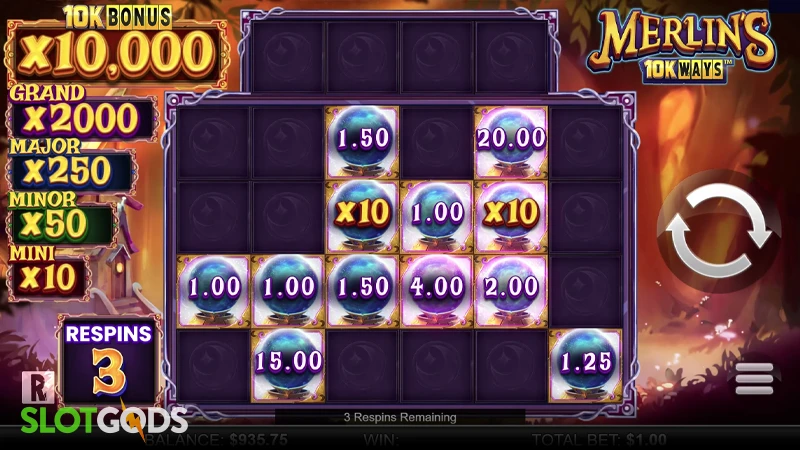 A screenshot of Merlins 10kWays slot respin feature gameplay