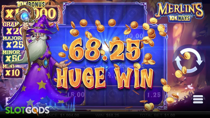 A screenshot of a big win in Merlins 10kWays slot