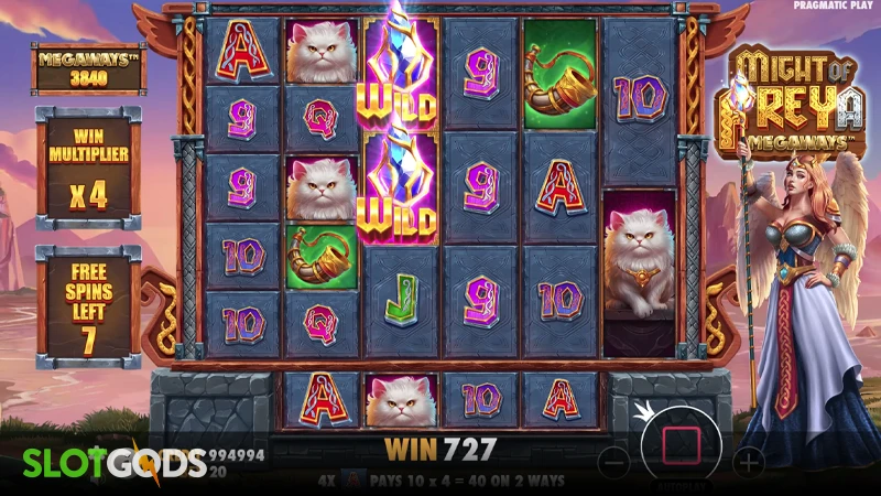 A screenshot of Might of Freya Megaways slot free spins gameplay