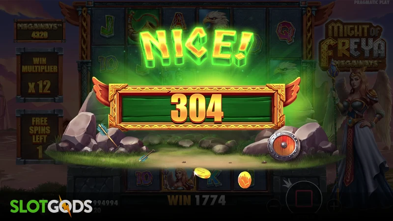 A screenshot of a big win in Might of Freya Megaways slot