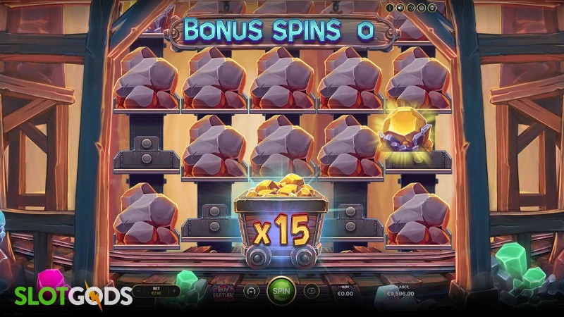 A screenshot of Mine Blown slot feature gameplay