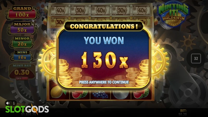 A screenshot of a big win in Minting It! slot by iSoftBet