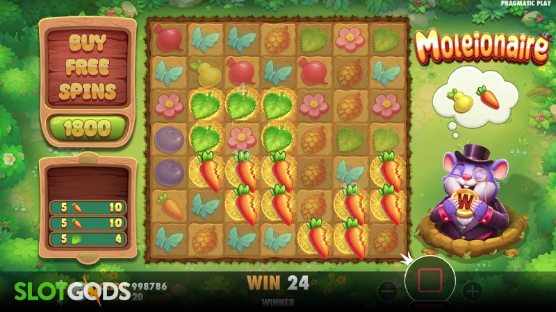 A screenshot of Moleionaire slot gameplay