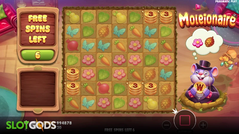 A screenshot of Moleionaire slot feature gameplay