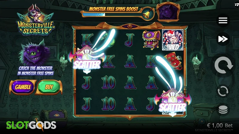 A screenshot of Monsterville Secrets slot gameplay