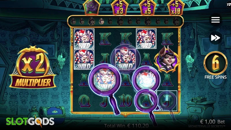 A screenshot of Monsterville Secrets slot feature gameplay