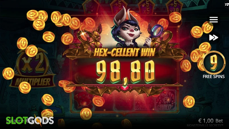 A screenshot of a big win in Monsterville Secrets slot