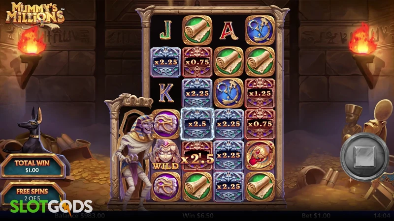 A screenshot of Mummy's Millions slot feature gameplay