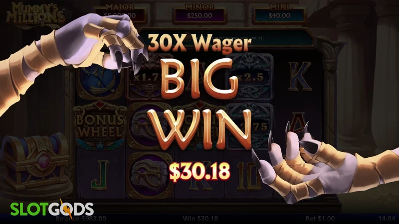 A screenshot of a big win in Mummy's Millions slot