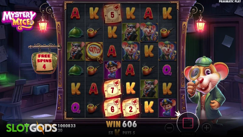 A screenshot of Mystery Mice slot feature gameplay