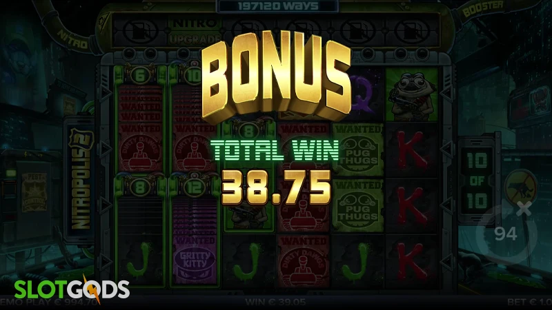 A screenshot of a big win in Nitropolis 2