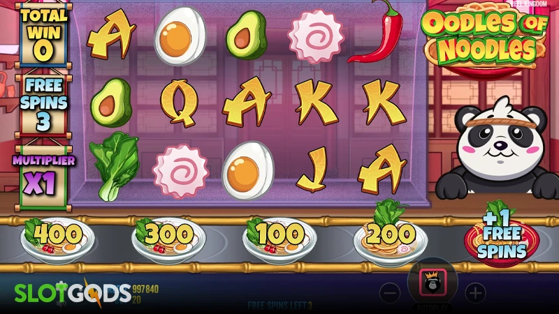 A screenshot of Oodles of Noodles slot feature gameplay