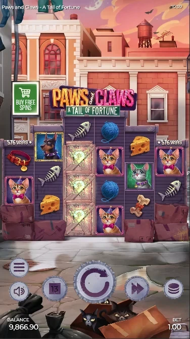 A screenshot of Paws &amp; Claws slot gameplay