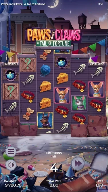 A screenshot of Paws and Claws in-game free spins feature