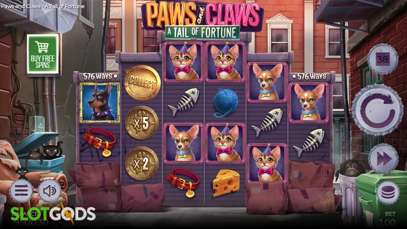 A screenshot of Paws &amp; Claws slot gameplay