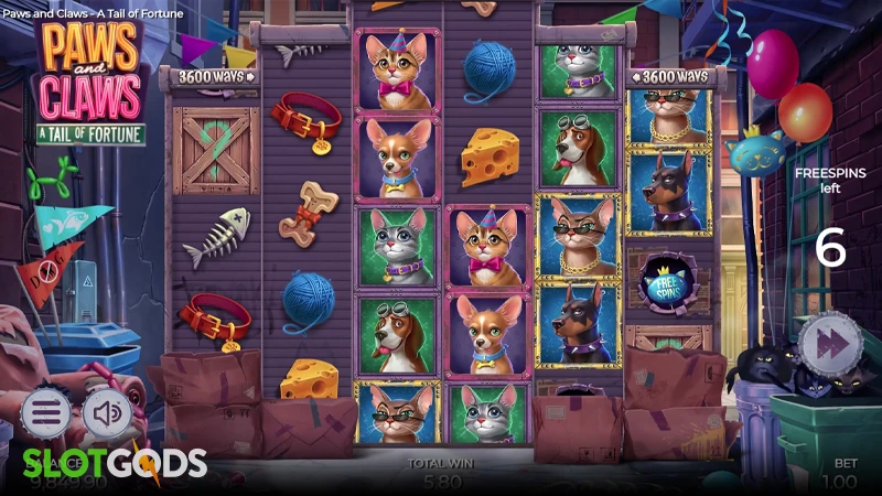 A screenshot of Paws and Claws in-game free spins feature
