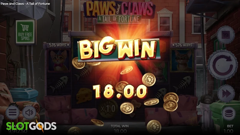 A screenshot of a big win in Paws and Claws