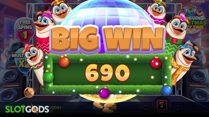 A screenshot of a big win in Penguin's Christmas Party Time slot