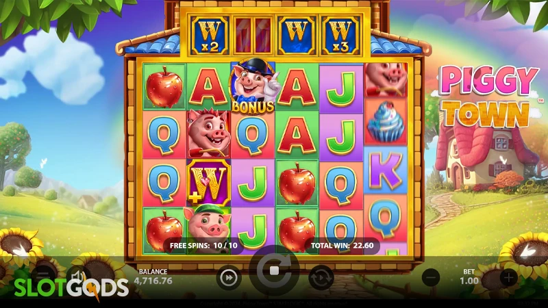 A screenshot of Piggy Town slot feature gameplay