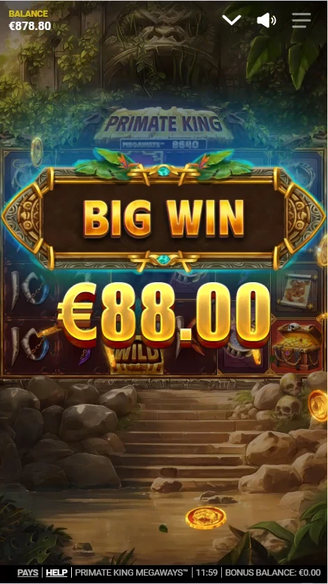 A screenshot of a big win on Primate King slot game