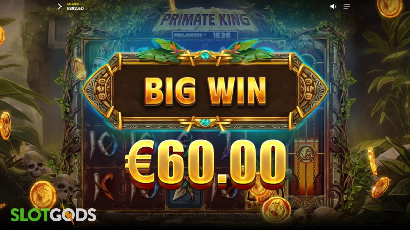A screenshot of a big win on Primate King slot game