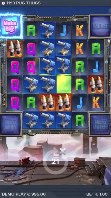 A screenshot of Pug Thugs of Nitropolis slot gameplay
