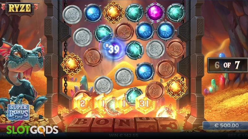 A screenshot of RYZE slot bonus round gameplay