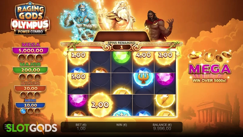 A screenshot of Raging Gods Olympus Power Combo slot gameplay