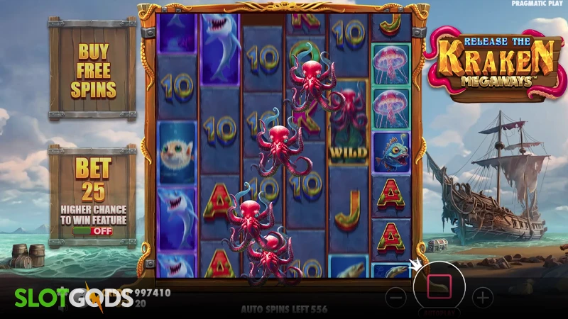 A screenshot of Release the Kraken Megaways slot gameplay