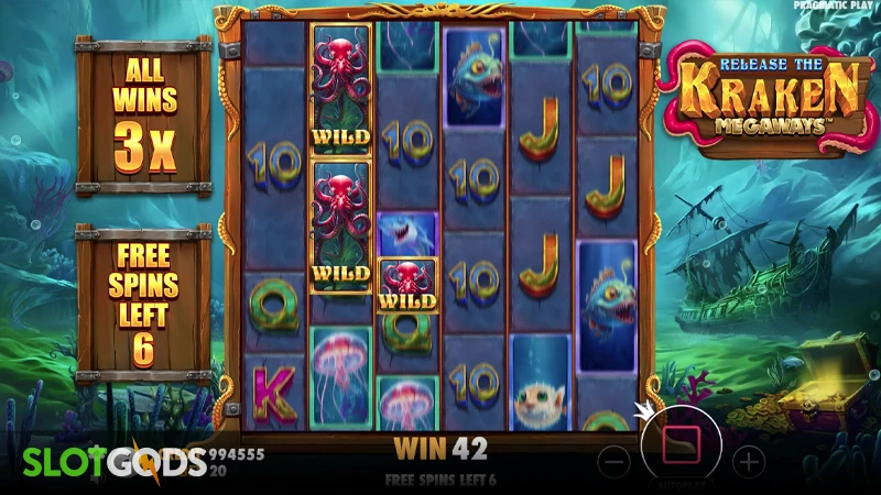 A screenshot of Release the Kraken Megaways slot feature gameplay