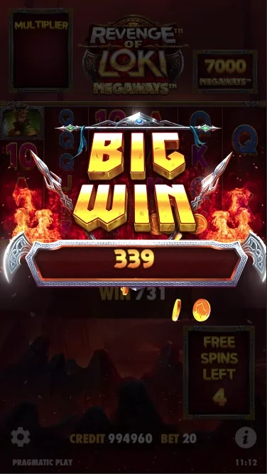 A screenshot of a big win on Revenge of Loki slot